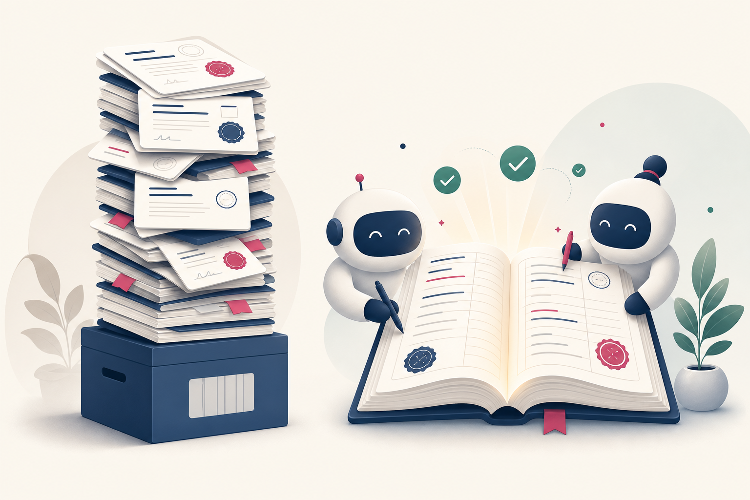 Illustration: a tall stack of filing forms piling up on the left; on the right an AI team actively writing into a live ledger with compliance stamps built in natively