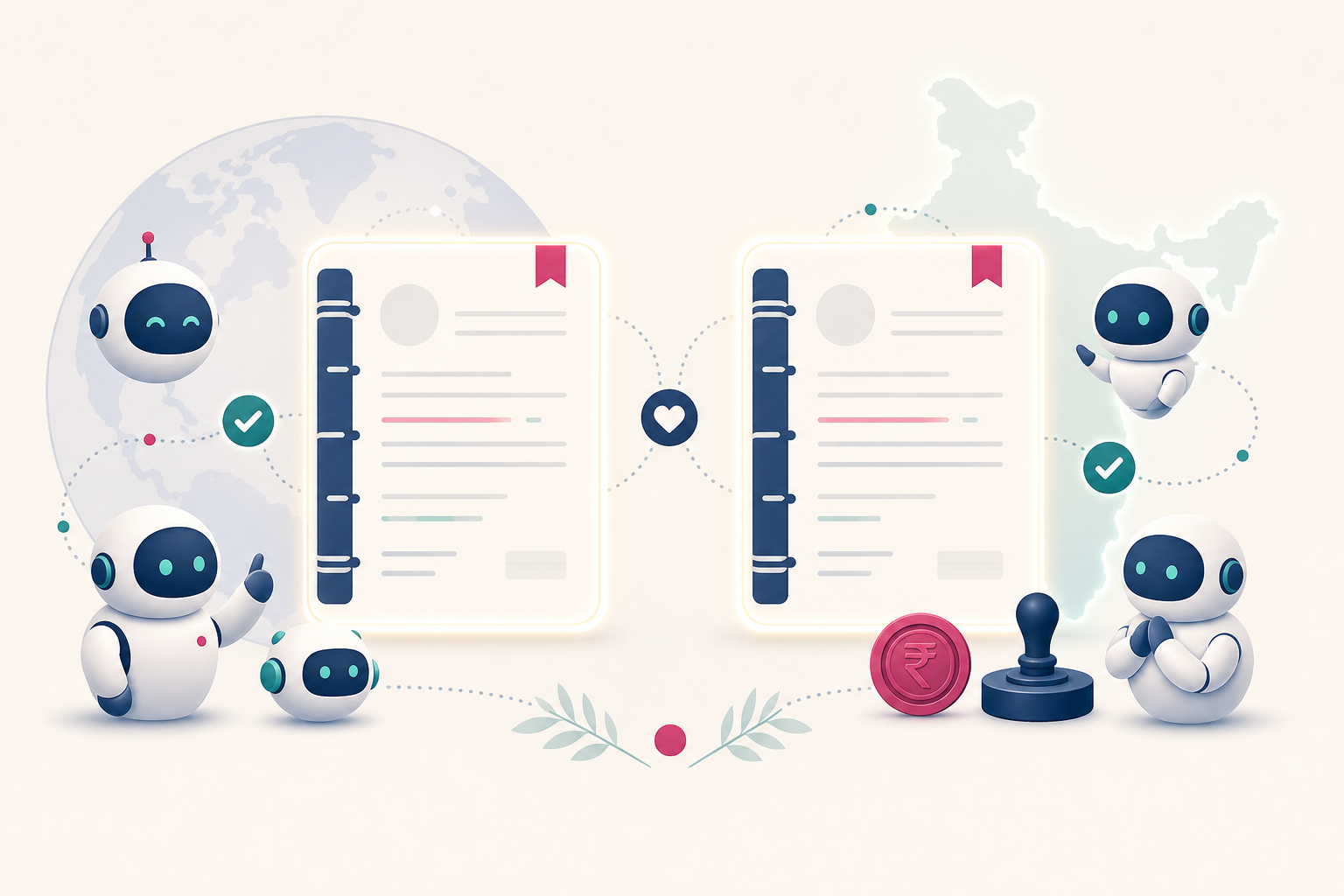 Illustration: two peer AI-native ledgers side by side — one over a global motif, one over a glowing map of India