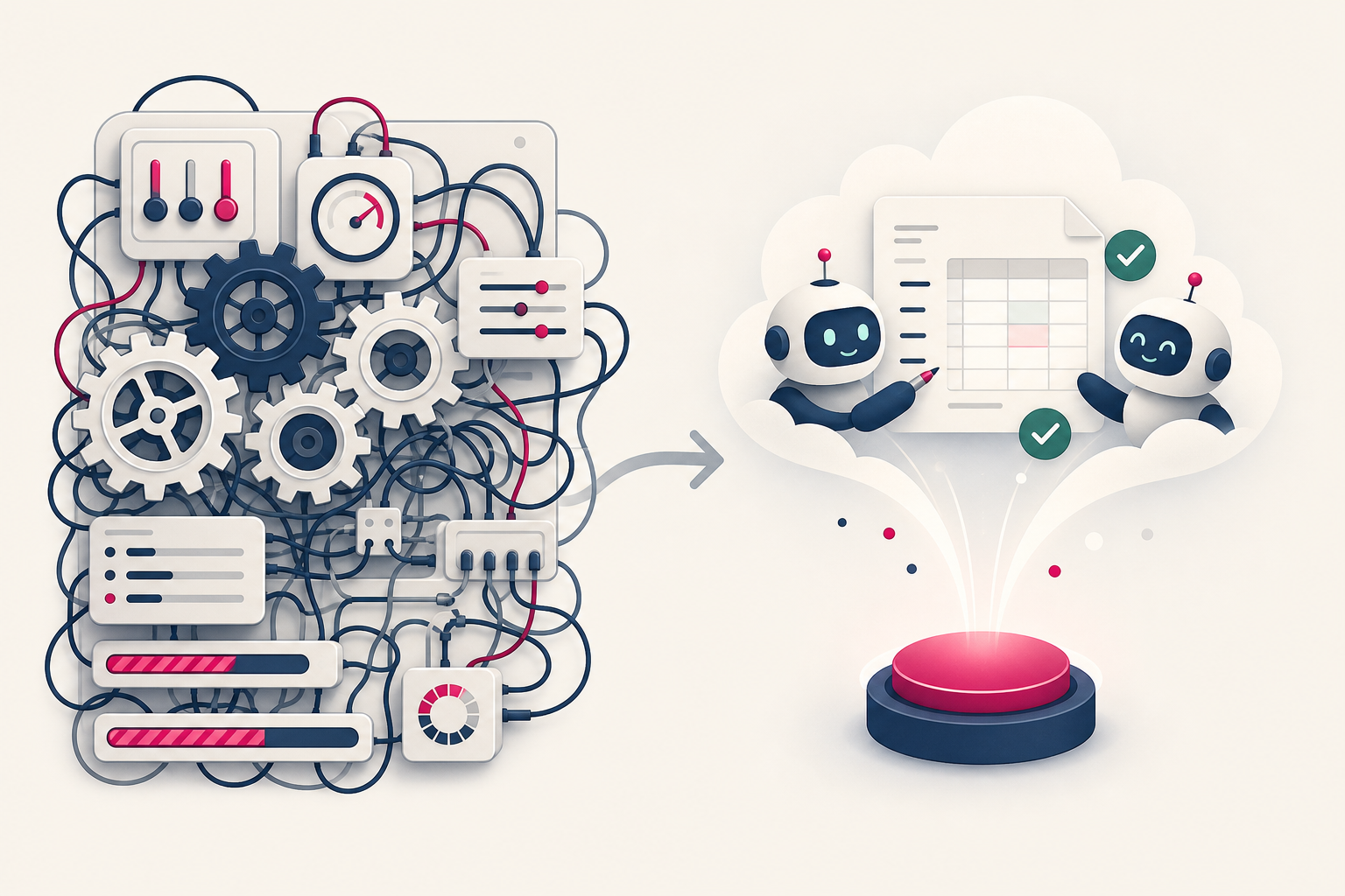 Illustration: a tangle of configuration gears on the left; on the right a single launch button sending an AI team directly to work on a ledger