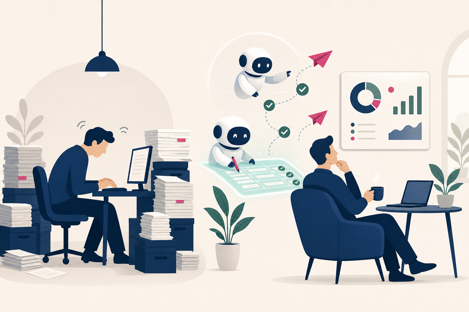 Illustration: a person buried in paper and data entry on the left; on the right the same person thinking strategically while an AI team handles the ledger work
