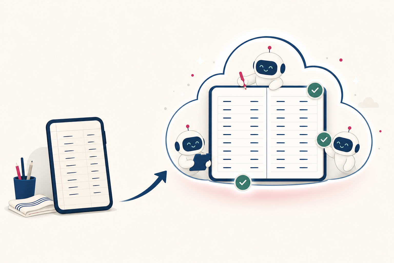 Illustration: a simple credit register on a phone growing into a structured double-entry ledger kept by an AI team