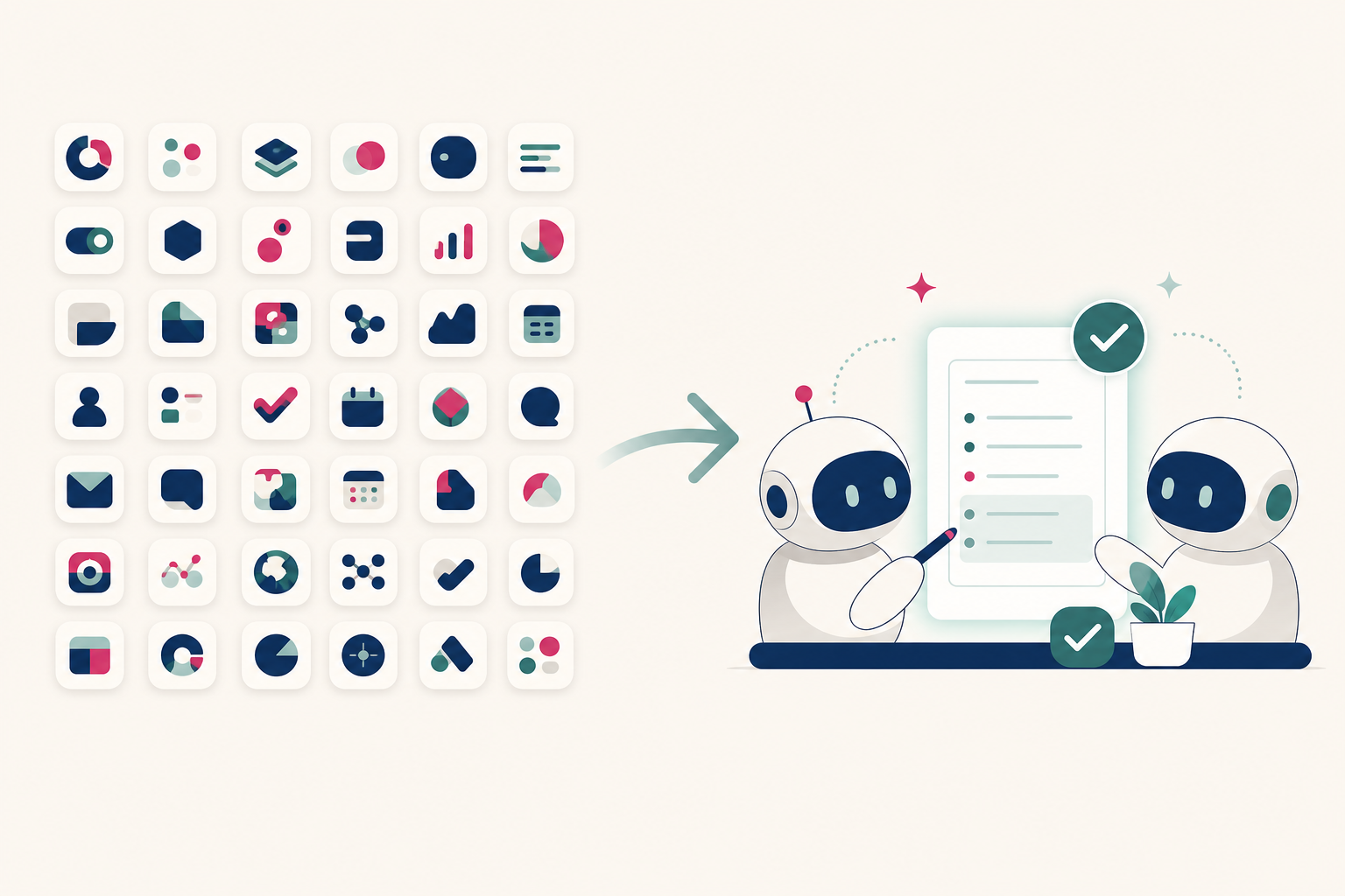Illustration: a broad grid of scattered app icons on the left; on the right a focused AI team working on a single ledger