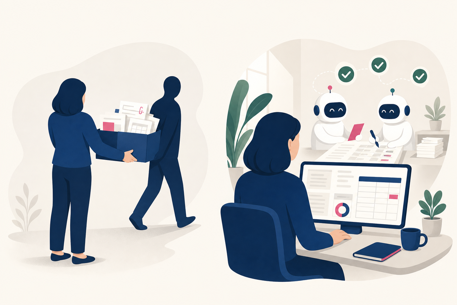 Illustration: handing over a box of documents to a faceless figure on the left; on the right a person at a desk with live books visible while an AI team works in the background