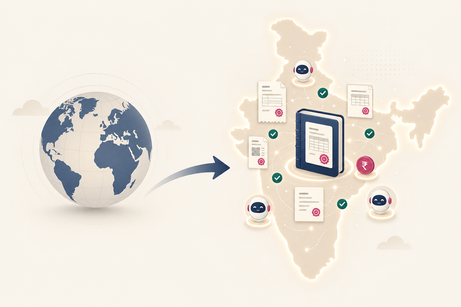 Illustration: a muted globe on the left; on the right a glowing map of India with GST and e-invoice document cards and an AI team around a ledger