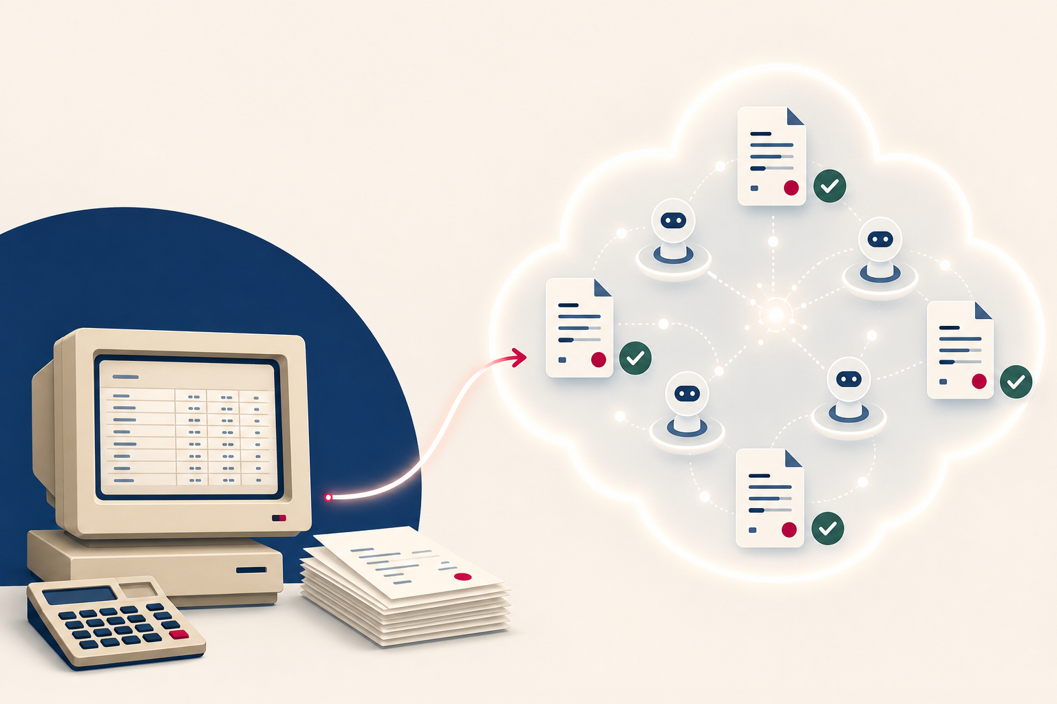 Illustration: a desktop ledger on the left flowing into a cloud where an AI team reviews and approves entries