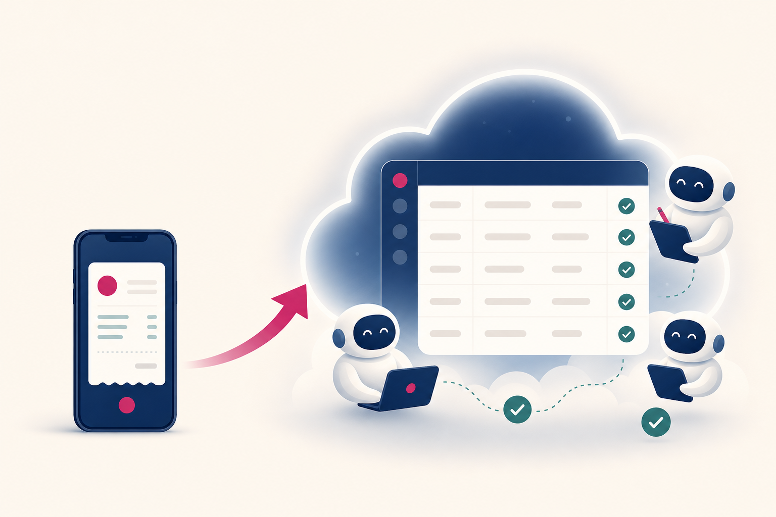 Illustration: a single invoice on a phone growing into a full set of cloud books kept by an AI team